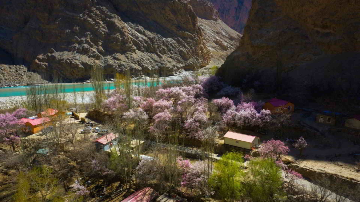 Travel on the Karakoram Highway in Xinjiang, China- Gez River Valley in springtime 